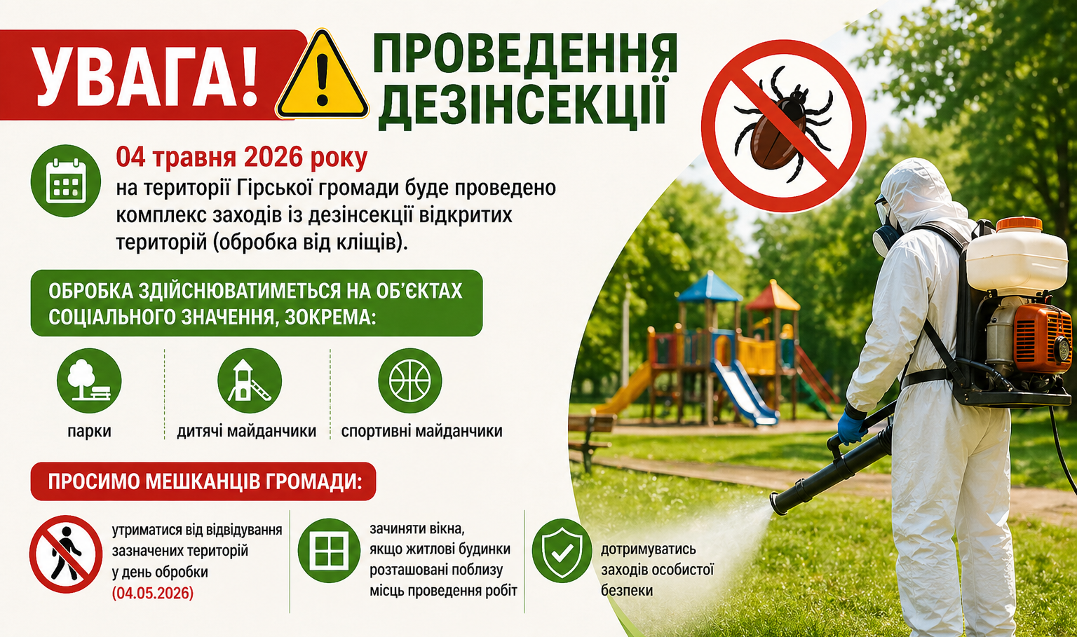 Увага! 04 травня 2026 року на території Гірської громади буде проведено комплекс заходів із дезінсекції відкритих територій (обробка від кліщів).