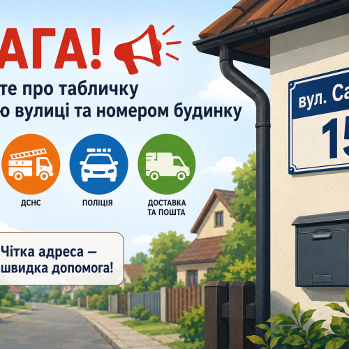 Для забезпечення зручної навігації екстрених служб (швидкої допомоги, ДСНС, поліції), а також служб доставки та пошти, просимо вас перевірити наявність та стан табличок з назвою вулиці та номером будинку.