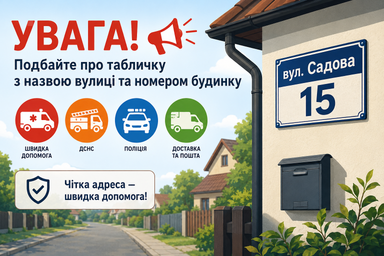 Для забезпечення зручної навігації екстрених служб (швидкої допомоги, ДСНС, поліції), а також служб доставки та пошти, просимо вас перевірити наявність та стан табличок з назвою вулиці та номером будинку.