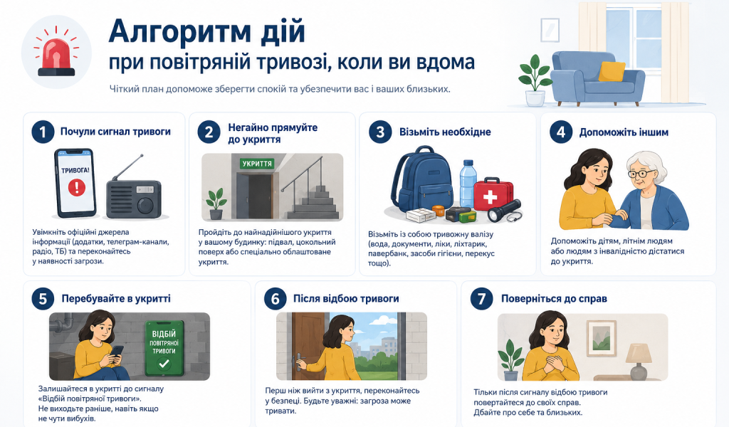 Алгоритм дій при повітряній тривозі коли ви вдома.