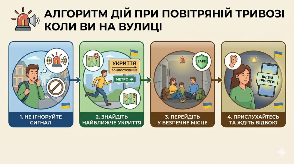 Алгоритм дій при повітряній тривозі коли ви перебуваєте на вулиці.