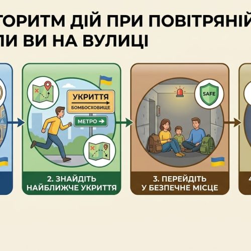 Алгоритм дій при повітряній тривозі коли ви перебуваєте на вулиці.