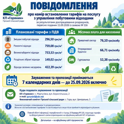 КП «Горянин» Гірської сільської ради повідомляє про доопрацювання розрахунків тарифів